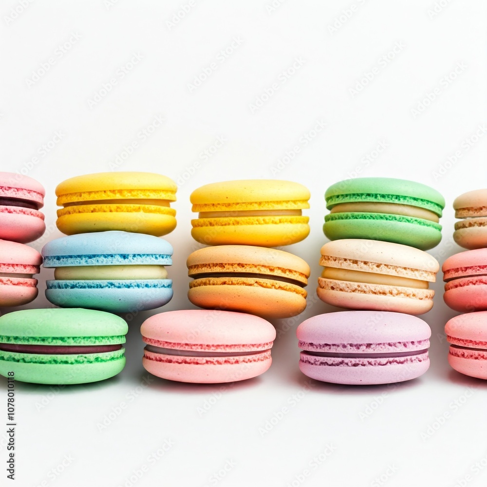 colorful macarons on white background with a pastel theme.