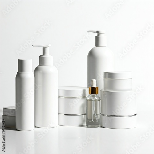 white clean beauty product bottles and jars with a minimalist design on a white background