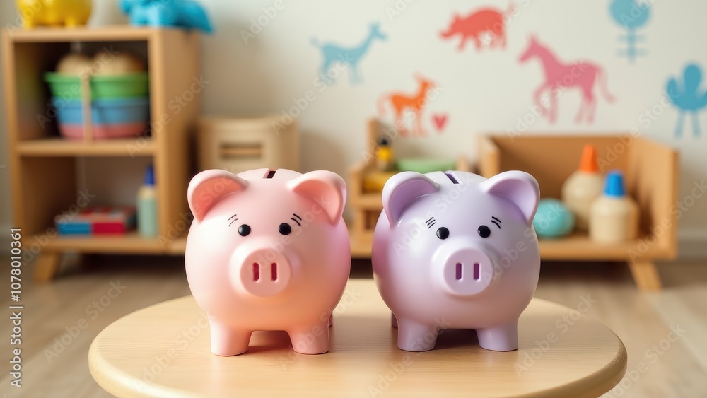 Piggy bank for children's savings themes. Two piggy banks, one blue and one pink, sit on a table in a colorful playroom filled with toys and cheerful wall decorations. Piggy bank for children's savings themes. Two piggy banks, one blue and one pink, sit on a table in a colorful playroom filled with toys and cheerful wall decorations.