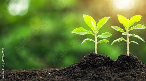 Two young plants growing in soil with a blurred green background.