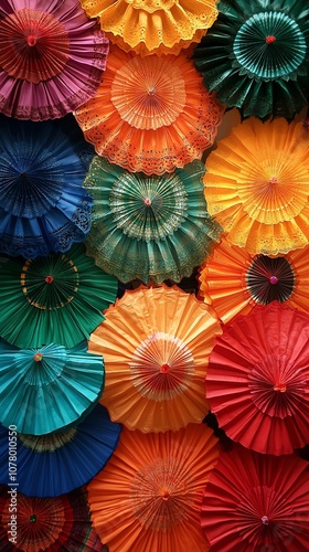 A colorful array of paper umbrellas hangs in a row, showcasing a vibrant display of color and texture.