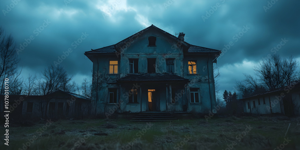 A weathered blue house with broken windows stands silhouetted against a dramatic stormy sky, with one room glowing with warm light, suggesting a haunting presence within. A weathered blue house with broken windows stands silhouetted against a dramatic stormy sky, with one room glowing with warm light, suggesting a haunting presence within.