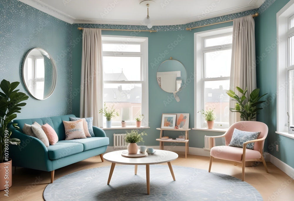 Scandinavian living room interior design zoom background,Doodle patterned wallpaper graphics Scandinavian living room interior design zoom background,Doodle patterned wallpaper graphics