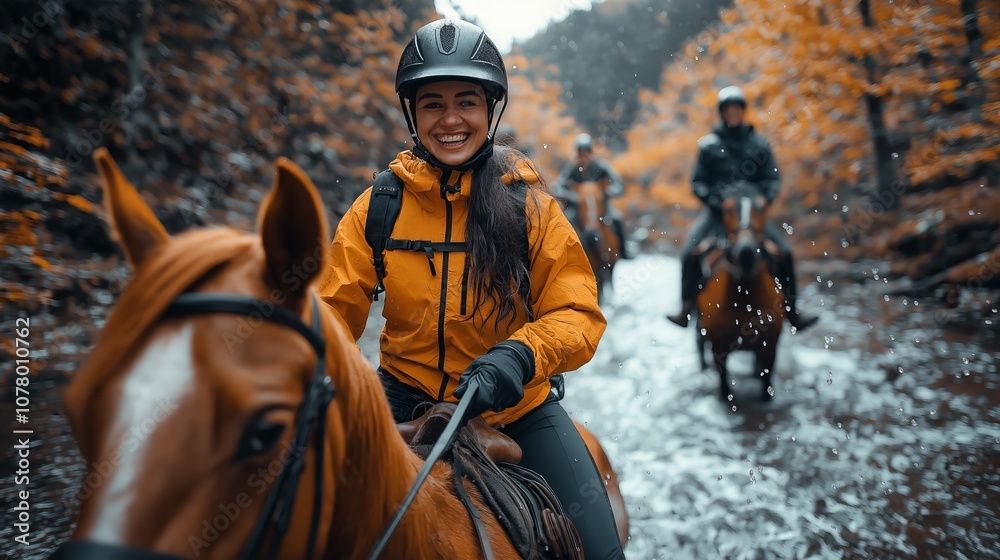 A joyful woman rides a horse through a colorful autumn forest, joined by others, creating a picturesque outdoor adventure scene. A joyful woman rides a horse through a colorful autumn forest, joined by others, creating a picturesque outdoor adventure scene.
