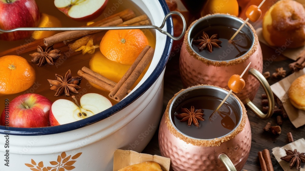 Mulled Cider in Copper Mugs with Seasonal Fruit and Spices Mulled Cider in Copper Mugs with Seasonal Fruit and Spices