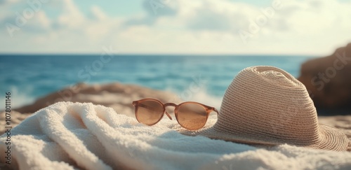 Beach Towel and Hat on Sunny Summer Day photo