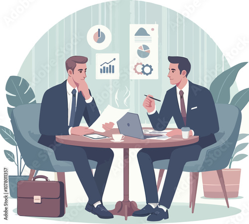 Partners meeting for business discussion with documents and laptop on desk. Couple at round table, speaking, discussing work, partnership. Flat vector on a white background