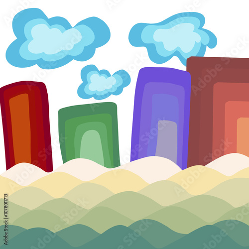 Whimsical Child's Drawing of Colorful  cityscape with buildings and cloud art  ,  picture  are layering color gradients, 