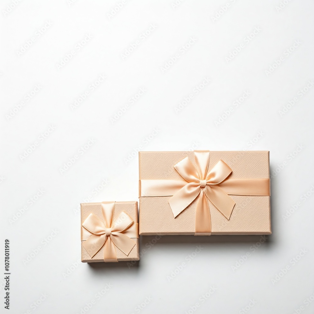 elegant beige gift boxes with satin ribbon bows on white background