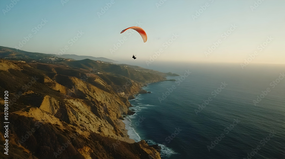 A paraglider soaring high above coastal cliffs. A paraglider soaring high above coastal cliffs.