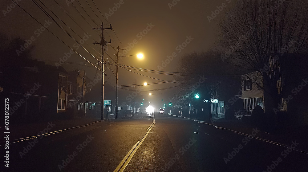 Dark, empty city streets at night with a faint glow of distant city lights barely visible through thick fog, capturing the eerie atmosphere of a sudden power outage in a bustling metropolis.