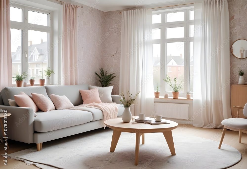Scandinavian living room interior design zoom background,Doodle patterned wallpaper graphics Scandinavian living room interior design zoom background,Doodle patterned wallpaper graphics