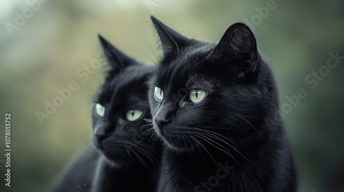 Two black cats with striking green eyes gazing into the distance, showcasing their sleek fur and attentive expressions against a soft, blurred background.