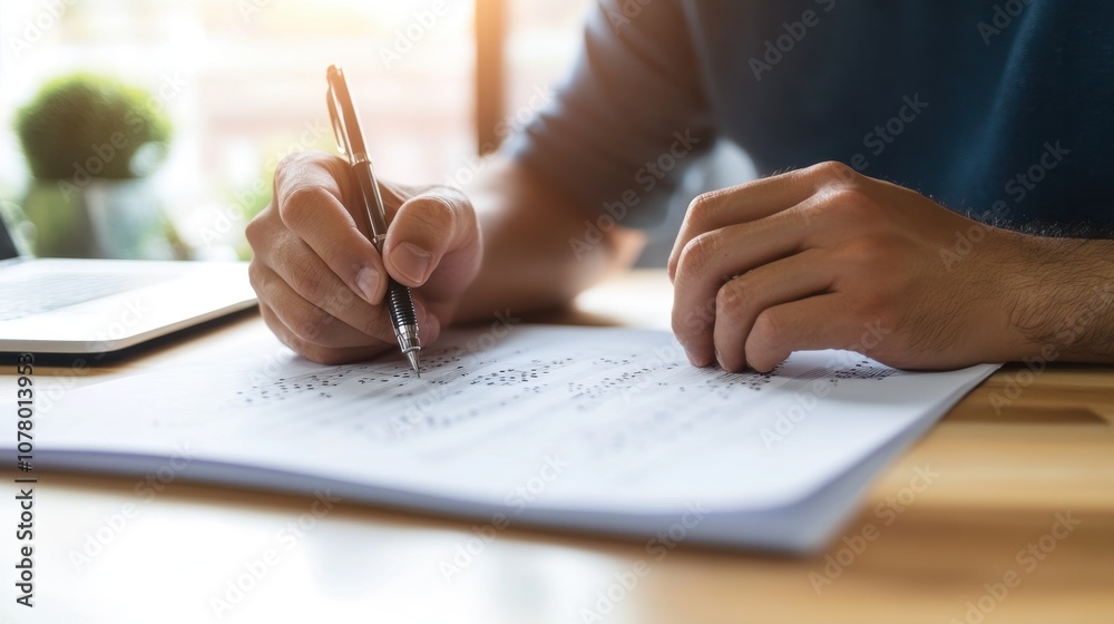 A person pens down notes on paper, showcasing the act of writing in a cozy, well-lit environment. A person pens down notes on paper, showcasing the act of writing in a cozy, well-lit environment.