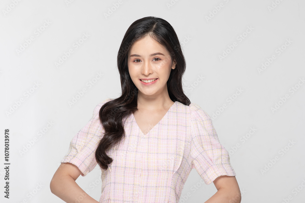 Confident Asian young woman with long, dark hair smiles warmly, wearing light-colored, textured blouse. Posing with her hands on her hips isolatrd on white background Confident Asian young woman with long, dark hair smiles warmly, wearing light-colored, textured blouse. Posing with her hands on her hips isolatrd on white background