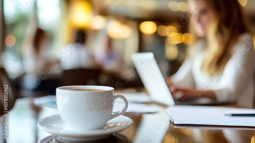 Closeup of a coffee cup on a table in a cafe with a woman working on a laptop in the background.