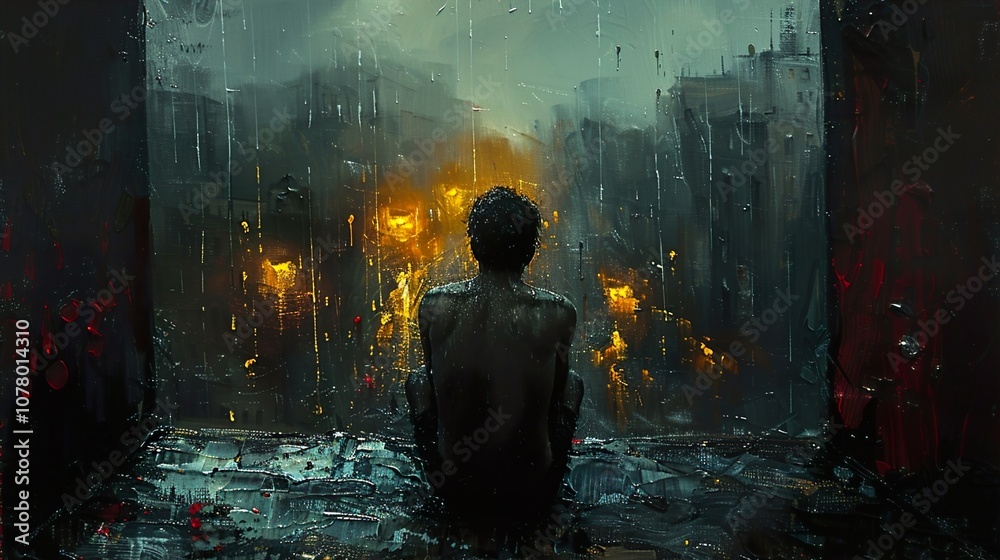 A Solitary Figure Gazing Out a Window in a Rain-Soaked City