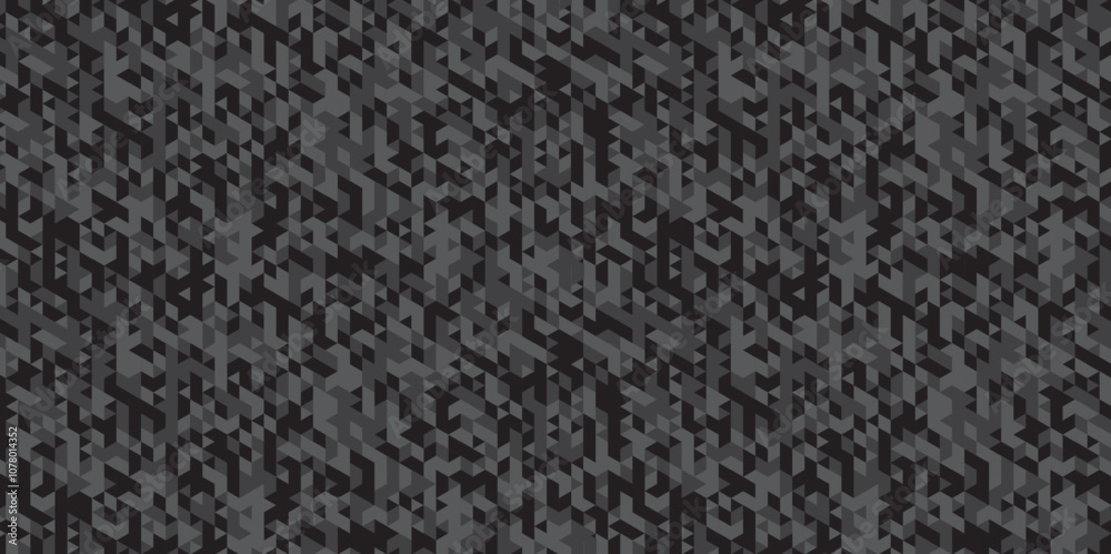 Geometric black and gray seamless mosaic and low polygon triangle texture wallpaper background. Triangle shape retro wall grid pattern geometric ornament tile vector square element. Geometric black and gray seamless mosaic and low polygon triangle texture wallpaper background. Triangle shape retro wall grid pattern geometric ornament tile vector square element.