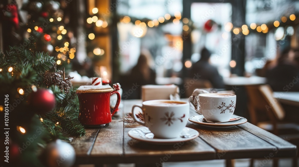 Two cups of coffee on a wooden table in a cafe decorated for Christmas with a blurred background of people and lights. Two cups of coffee on a wooden table in a cafe decorated for Christmas with a blurred background of people and lights.