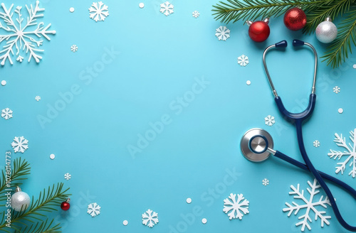 Festive medical theme with stethoscope and snowflakes on blue background