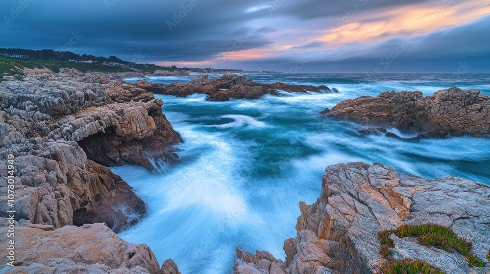 A stunning view of the crashing waves against the rugged coastline during a dramatic sunset. The blue water is smooth and flowing, while the sky is a mix of dark grey and orange. A stunning view of the crashing waves against the rugged coastline during a dramatic sunset. The blue water is smooth and flowing, while the sky is a mix of dark grey and orange.