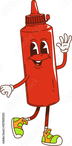 Cartoon retro groovy ketchup sauce character with funny happy smile, vector comic fast food. Groovy funky ketchup sauce plastic bottle with cap and Hi gesture for fast food cartoon retro character