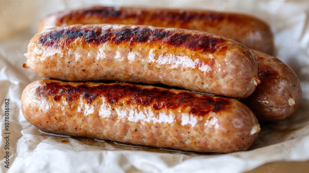 Grilled sausages stacked on parchment paper, showcasing a delicious meal option.