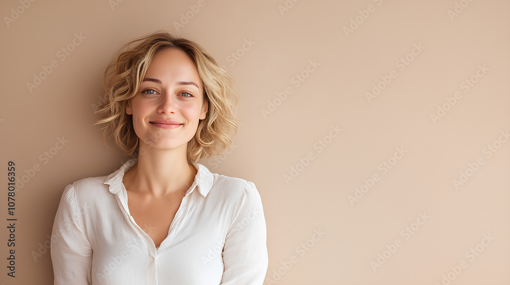 Portrait of Smiling Woman in White Shirt Against Light Beige Wall with Copy Space
Portrait of Smiling Woman in White Shirt Against Light Beige Wall with Copy Space