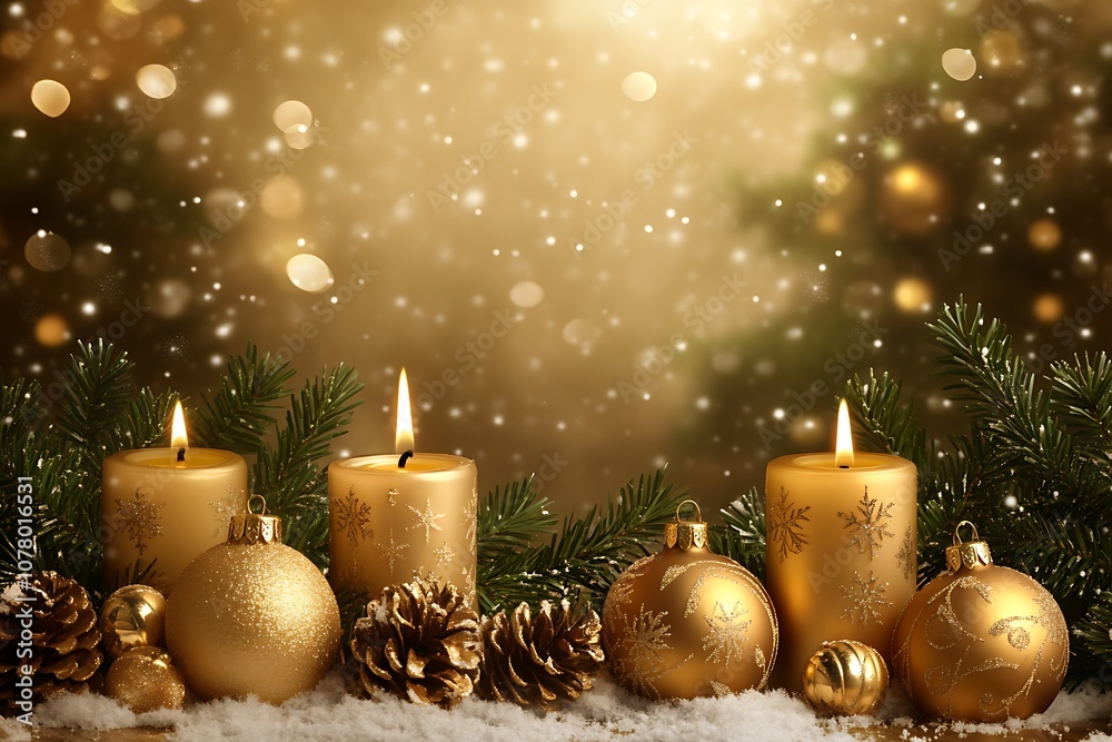 Elegant Christmas background with golden ornaments, candles, and copy space at the center, Elegant Christmas background with golden ornaments, candles, and copy space at the center,