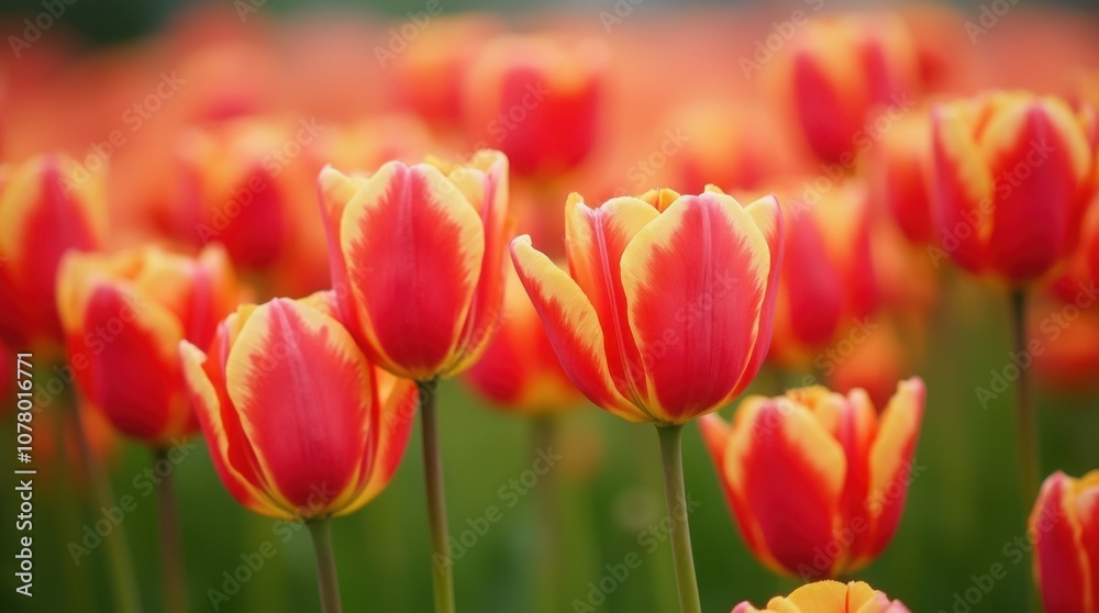Vibrant red tulips blooming in a field, spring, flowers, nature Vibrant red tulips blooming in a field, spring, flowers, nature