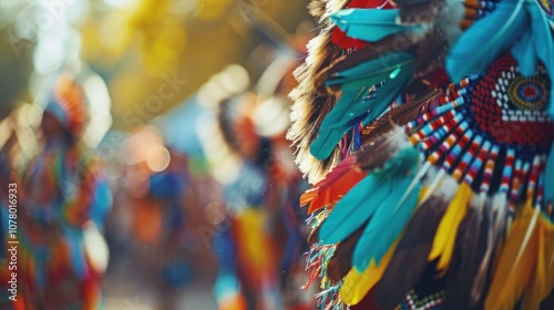 Colorful costumes and intricate beadwork are displayed during a Native American powwow gathering in the outdoor sunlight
