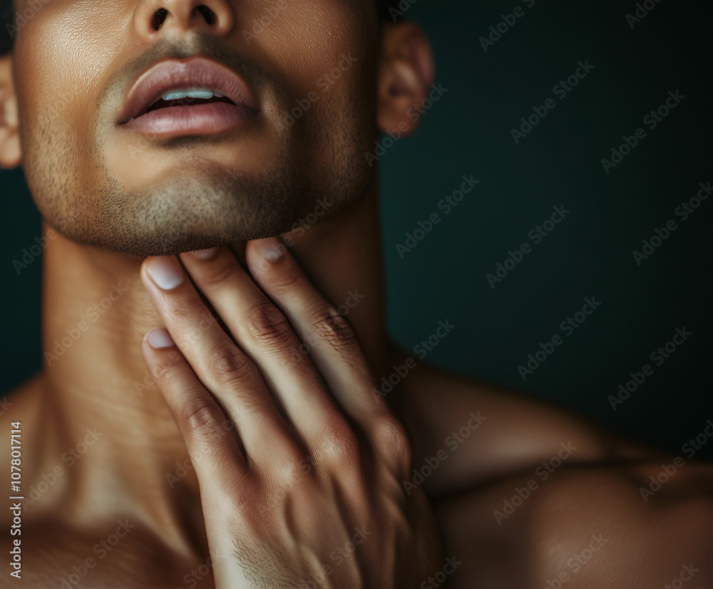 Fototapeta premium A man with neck pain. Concept of sore throat, pharyngitis, laryngitis, thyroiditis, choking