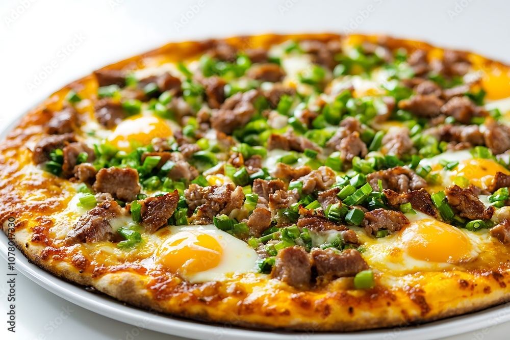 Pizza Carbonara with Bacon, Cream, Parmesan Cheese, Rucola, Tomato Sauce, Mozzarella and Raw Egg Yolk Isolated on White Background. Pizza Carbonara with Bacon, Cream, Parmesan Cheese, Rucola, Tomato Sauce, Mozzarella and Raw Egg Yolk Isolated on White Background.