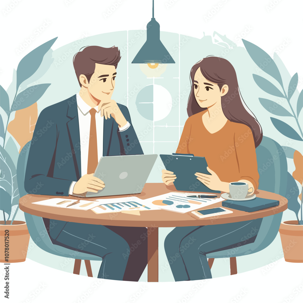 Partners meeting for business discussion with documents and laptop on desk. Couple at round table, speaking, discussing work, partnership. Flat vector on a white background Partners meeting for business discussion with documents and laptop on desk. Couple at round table, speaking, discussing work, partnership. Flat vector on a white background