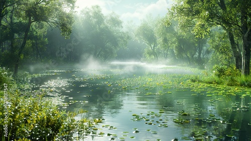 Misty River Landscape with Water Lilies and Sunlight Through Trees