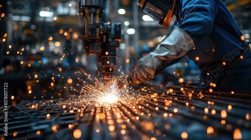 A welder in a factory uses a welding torch to cut a metal plate, creating a shower of sparks.