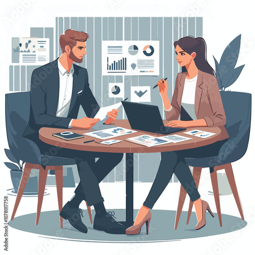 Partners meeting for business discussion with documents and laptop on desk. Couple at round table, speaking, discussing work, partnership. Flat vector on a white background