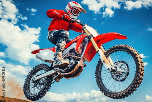 A motocross rider soars through the air on his red dirt bike.