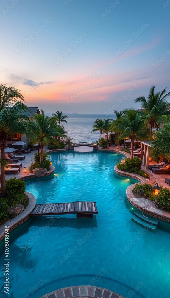 Fototapeta premium Lagoon-Style Pool with Private Coves and Bridges, large lagoon-inspired pool with winding pathways and small footbridges