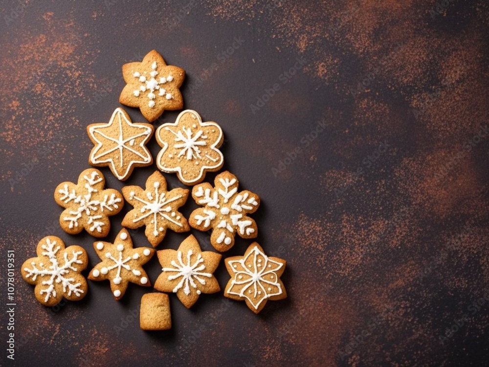 Christmas holidays homemade cookies arranged as tree on dark brown background. top view with copy space
