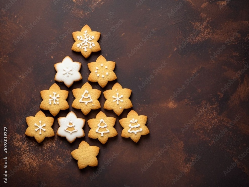 Christmas holidays homemade cookies arranged as tree on dark brown background. top view with copy space