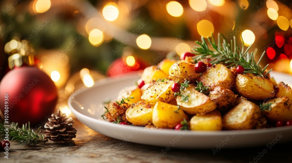 Obraz premium Roasted Potatoes with Rosemary Cranberries and Christmas Lights