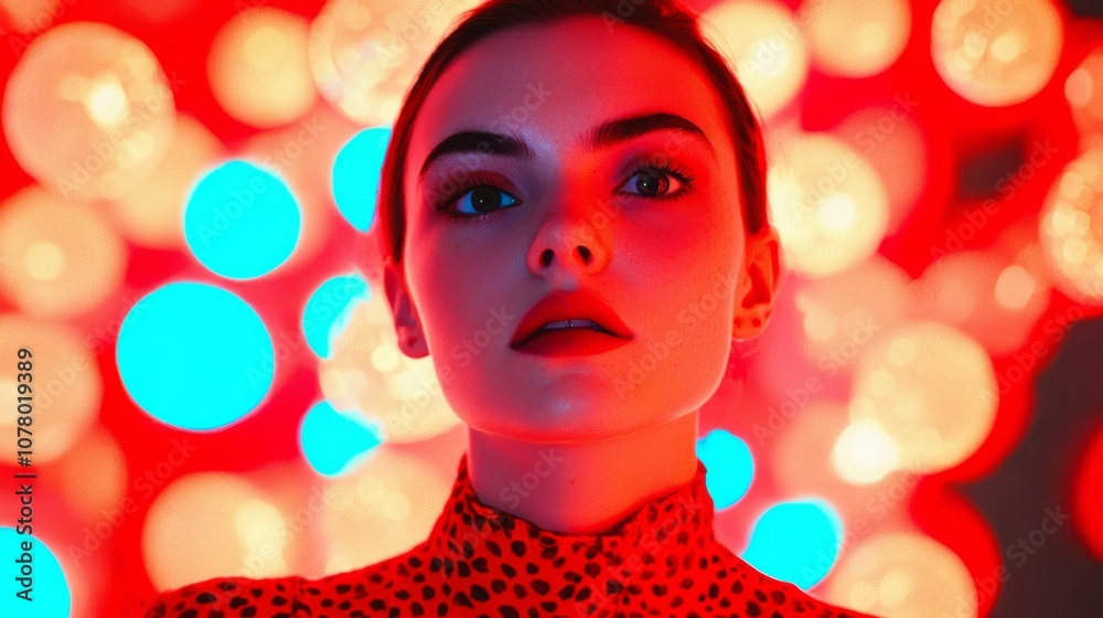 Woman in Red Light With Bokeh. Woman in Red Light With Bokeh.