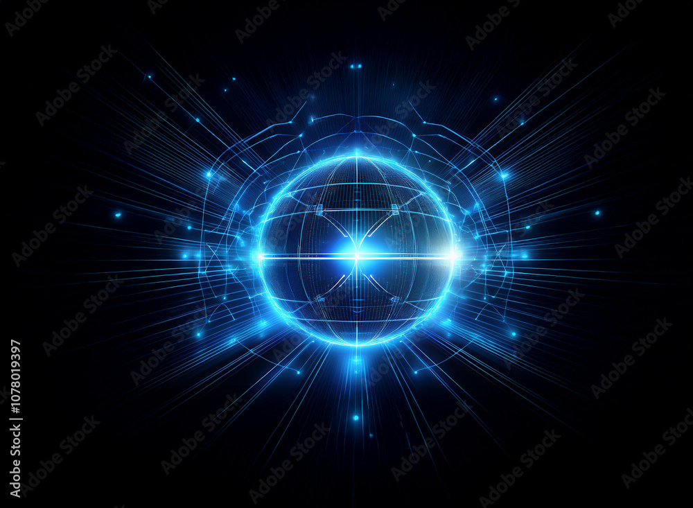 A glowing blue orb with radiating light lines on a black background. A glowing blue orb with radiating light lines on a black background.