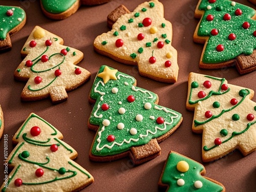 Cookies in shaped of Christmas tree on brown background. Xmas festive greeting card. Holiday traditional food. Top view.