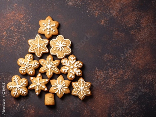 Obraz na płótnie Christmas holidays homemade cookies arranged as tree on dark brown background. top view with copy space w salonie