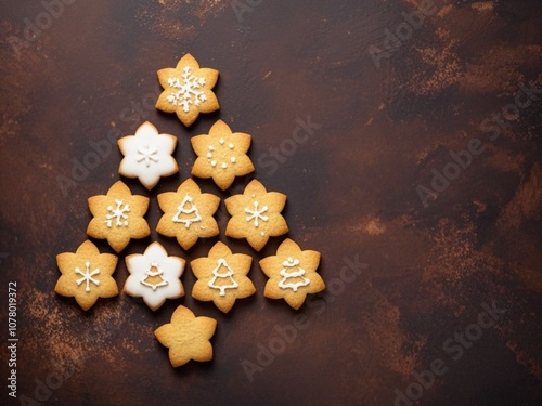 Obraz na płótnie Christmas holidays homemade cookies arranged as tree on dark brown background. top view with copy space w salonie