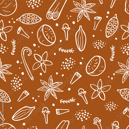 Seamless pattern of Winter spices. Christmas ingredients on red brown background. Hand drawn illustration of aroma spices. Wallpaper with cloves, nutmeg, cardamom, cinnamon, star anise and vanilla.