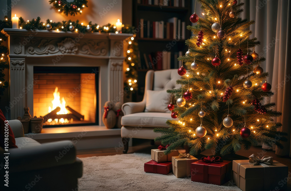 Cozy living room with christmas tree and fireplace ambiance Cozy living room with christmas tree and fireplace ambiance