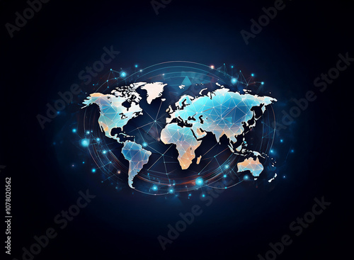 A stylized world map with glowing lines and points, illustrating global connection and communication.